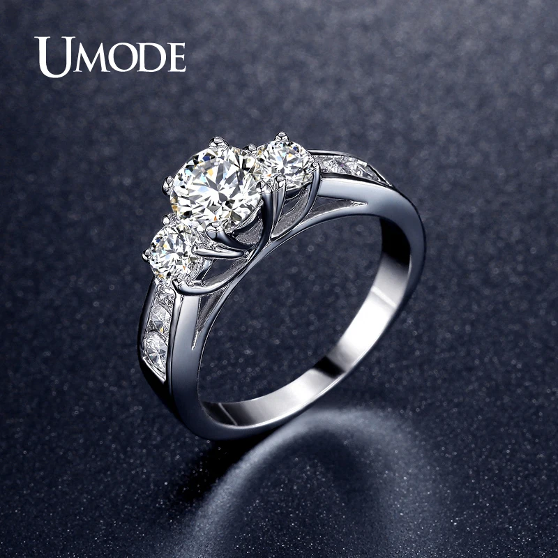 

UMODE Brand Three Stones Wedding Engagement Ring For Women White Gold Color CZ Ring Fashion Jewelry 2017 New Bague Femme AUR0337