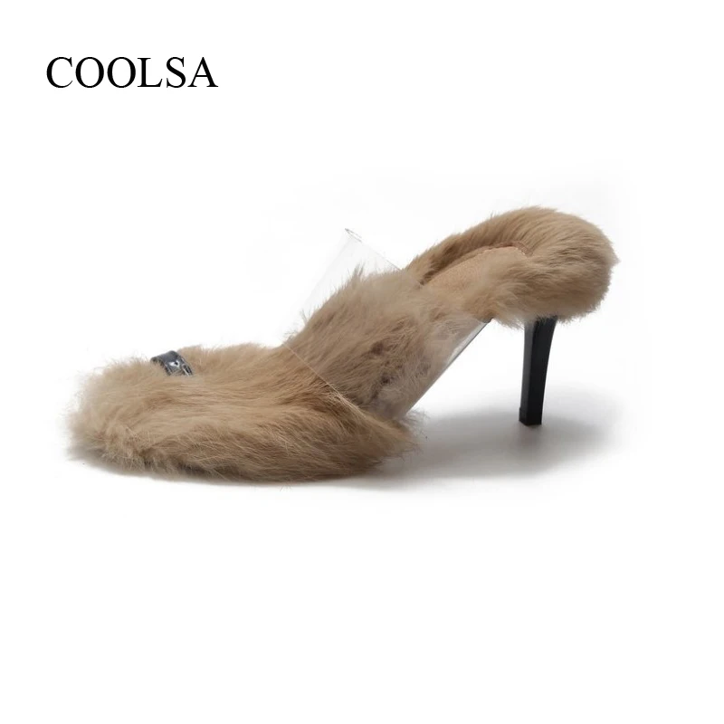 COOLSA/женские зимние прозрачные меховые тапочки из искусственной кожи; Новинка; модные элегантные меховые шлепанцы на каблуке; женские теплые шлепанцы без задника