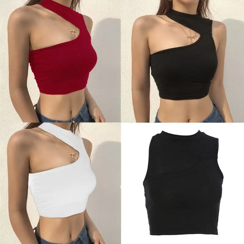 

Women Summer Sexy Halter One Shoulder Hollow Out Irregular Oblique Cami Vest Solid Color Bustier Night Party Club Wear