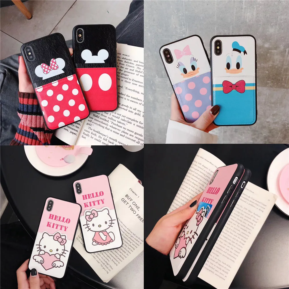 

Hello Kitty Cute Mickey Minnie Card wallet package case For iPhone 6 6s 7 8 Plus X Xs Max Xr Donald Duck Daisy Cover