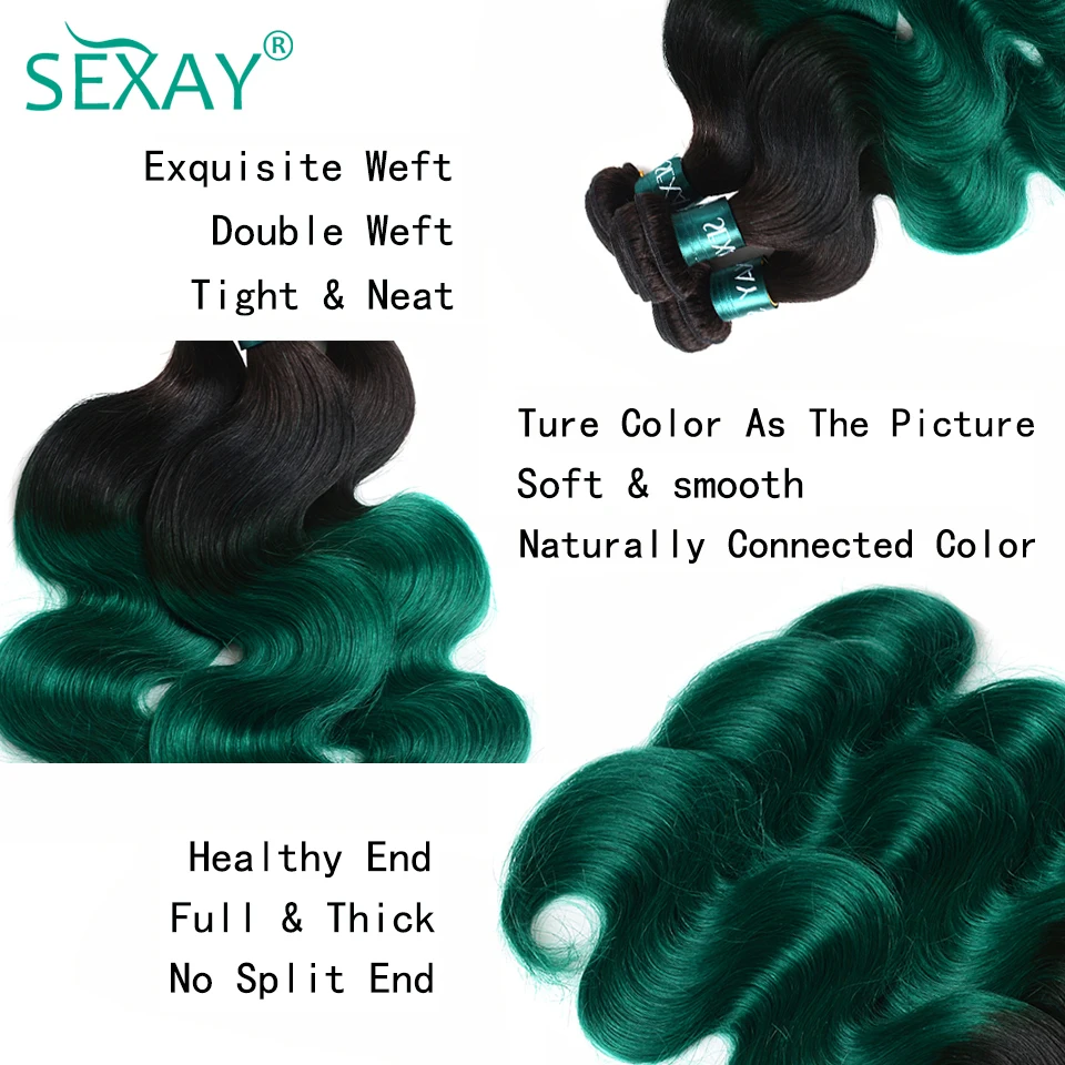 Омбре бразильские пучки волнистых волос с фронтальной не Реми волос SEXAY темные корни 1B/зеленый цветной пучок с фронтальными закрытиями