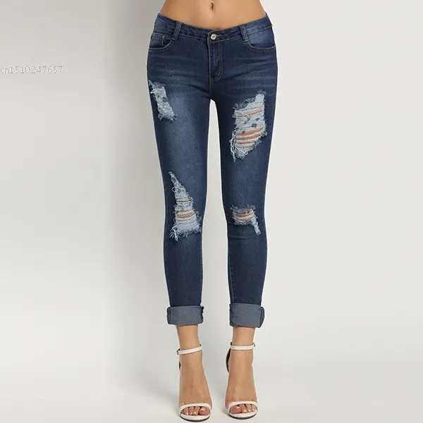 New Women Fashion Slim Mid Waisted Casual Holes Skinny Pencil Jeansin Jeans from Women's
