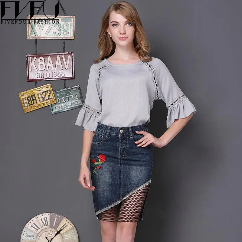 New Fashion 2017 Spring Skirts Womens Floral Embroidery Skirt High Waist Flower Net Yarn Patchwork Cowboy Women Plus Size | Женская