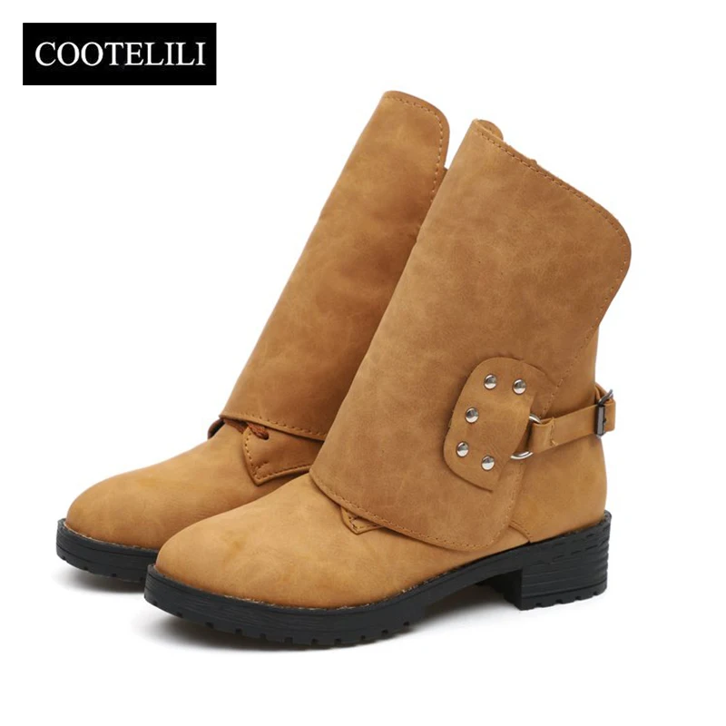 

COOTELILI Buckle Shoes Woman PU Leather Ankle Boots For Women 4cm Heels Motorcycle Boots Ladies Autumn Winter Shoes 41 42 43