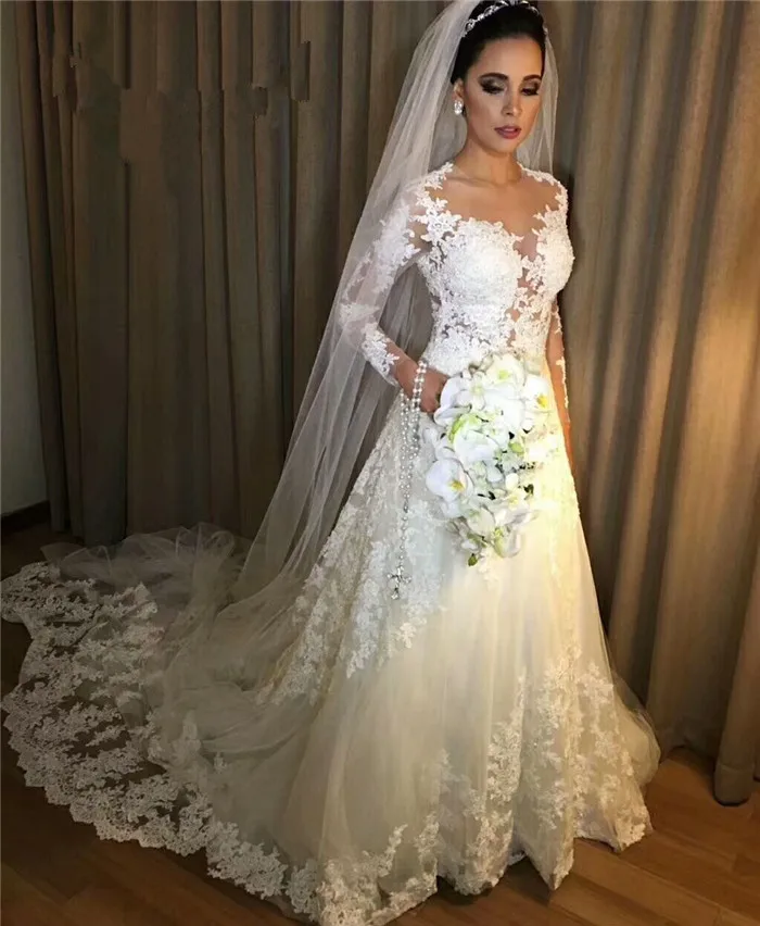 

Princess Wedding Dress 2019 Vestido De Noiva Bridal Gowns Lace Appliques Robe De Mariage Long Sleeve Saudi Arabic A-Line Bride
