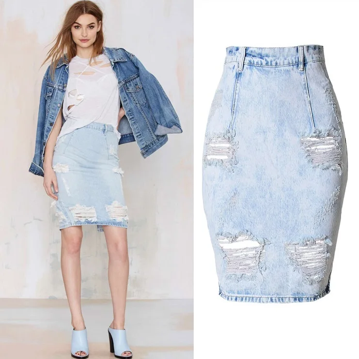 

Fashion Casual Distressed Plus Size Denim Skirt Sexy Ripped High Waist Skirts Back Slit Jupe femme
