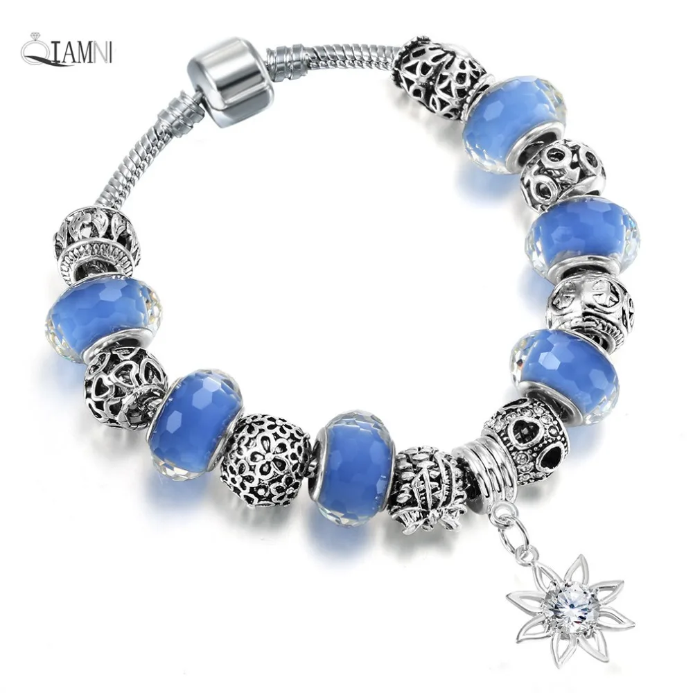 

QIAMNI Blue Glass Sun Flower Beads Pendant Snake Chain Bracelet & Bangles Fit Women Girl DIY Jewelry Handmade Accessories Gift