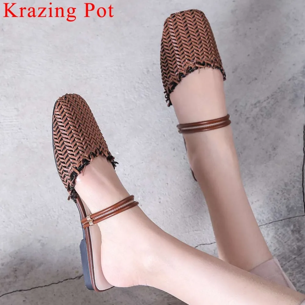 

Krazing Pot art design comfortable carving slip on mules vintage square toe natural leather seaside fisherman casual shoes L23