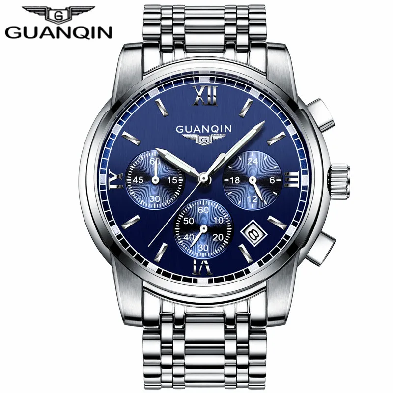 Relogio Masculino Guanqin мужские часы Лидирующий бренд Роскошные Модные Бизнес Кварцевые часы мужские спортивные полностью стальные водонепроницаемые наручные часы - Цвет: Silver Blue