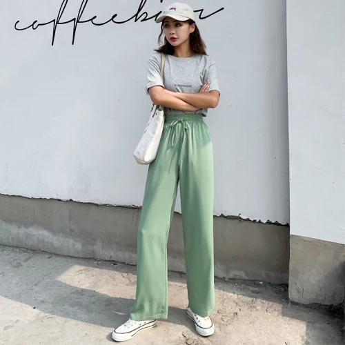 Women Chiffon Pants Summer 2019 Korean Style Casual Loose Drawstring Elastic Waist Wide Leg Pants Yellow Mint Green Black B313