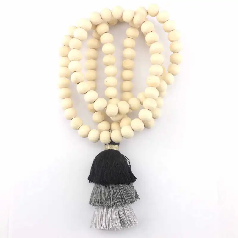 ZWPON 2018 Boho Wood Beaded Tassel Necklace for Women 10 MM Natural Wood Beads Long Necklace Wholesale Festival Jewelry Yoga - Image 3