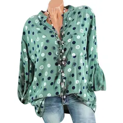 Плюс Размеры горошек печатных Для женщин блузка моды с длинным рукавом v-образным вырезом Женская Офисная рубашка Осень Лето Свободные
