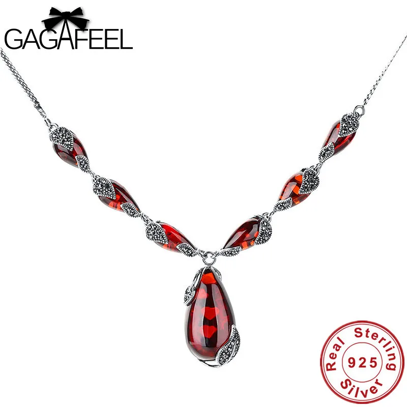 

GAGAFEEL Vintage 925 Sterling Silver Red Royal Garnet Female Necklaces Bohemian Natural Semi-Precious Stones Pendant Necklaces