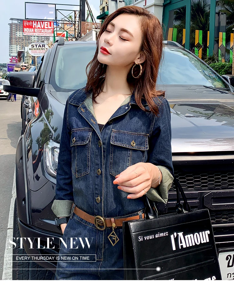 2019 Spring Jumpsuit for Women Ankle-Length High Street Turn-down Collar Denim Jumpsuits with Pocket Size M L XL 2XL 2019 Spring Jumpsuit for Women Ankle-Length High Street Turn-down Collar Denim Jumpsuits with Pocket Size M L XL 2XL