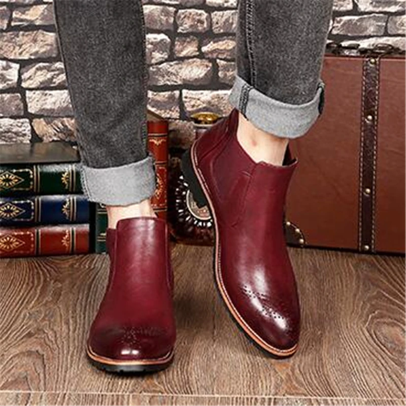 New Arrival Autumn Winter Men Ankle boots Split Leather Slip-On Outdoor Chelsea boots Male shoes Vintage boots 02C