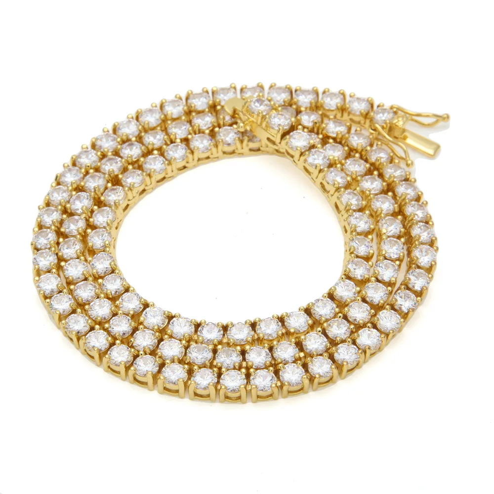 

Luxury Mens Women Golden AAA Rhinestones 1 Row 5mm Zircon Buckle Necklaces Chains Bling Steel Pendants Hip Hop Jewelry Gifts
