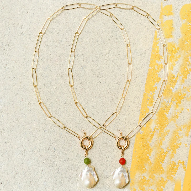 

fashion links chain bijoux stainless steel necklace bohemian Baroque pearl pendant necklace Spring-sling closure MATERA NECKLACE