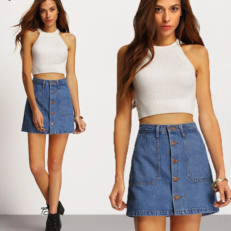 

2019 Summer New Arrivals Single Button Pockets Blue Jean Skirt Style Saia Jeans Denim Skirt High Waist A-line Mini Skirts Women