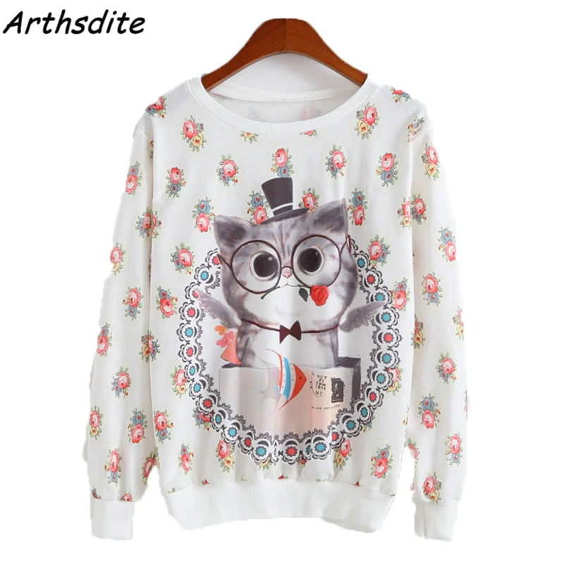 Arthsdite Autumn Winter Sweatshirt Harajuku 3D Cat Floral