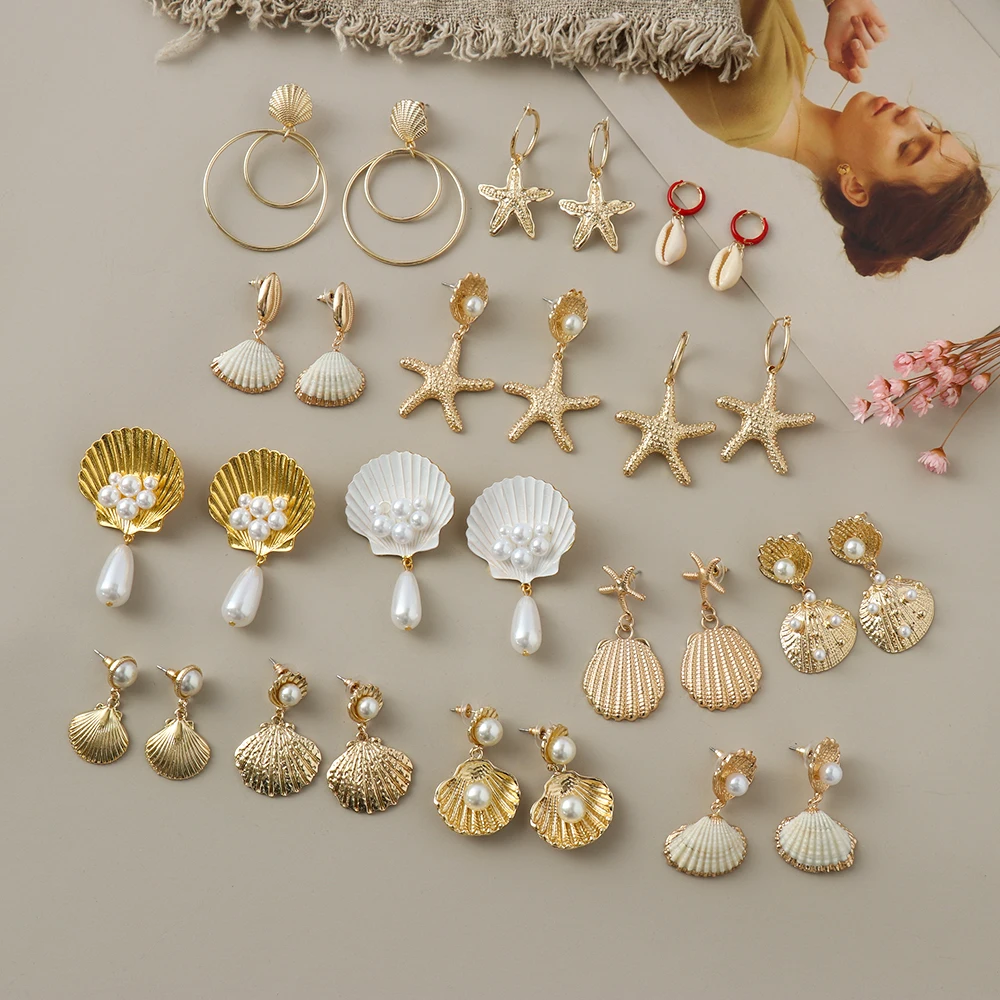 

Women Pearl Sea Shell Starfish Conch Pendant Statement Circle Dangle Drop Earrings Bride Irregular Geometric Beach Jewelry