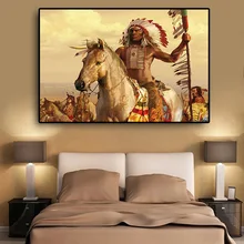 Native American Indian Feathered Horse Oil Painting on Canvas Posters and Prints Scandinavian Wall Art Picture for Living Room