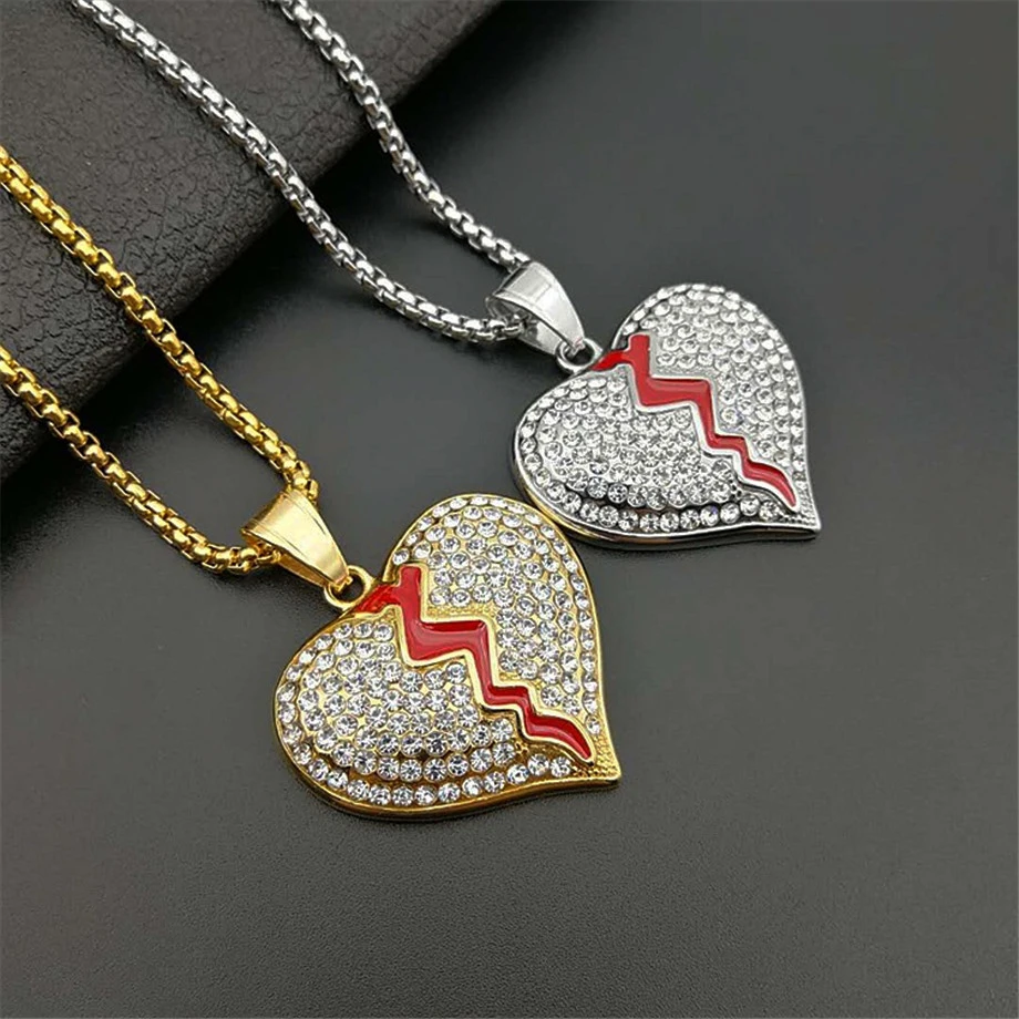

Iced Out Broken Heart Necklace Pendant With Stainless Steel Chain Gold Color Bling Cubic Zircon Men's Hip Hop Jewelry For Gift