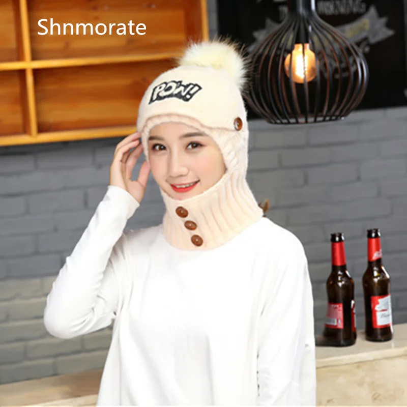

Winter Fashion Pom Knit Beanies Women's Hats Removable Mask Ladies Beanie Girls Skullies Caps Bonnet Femme Snapback Warm Neck