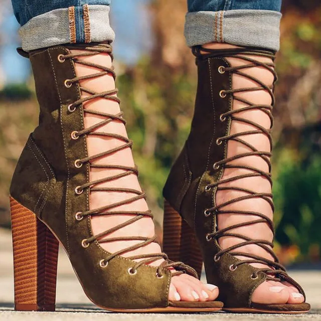 

new year designer army green suede lace up high heel boots thick square heel open toe lace up strappy ankle motorcycle boots