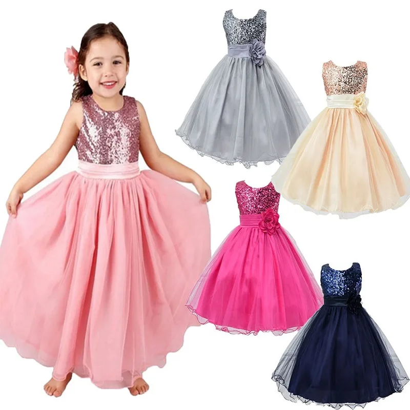 

Hot Princess Girls O-neck Sleeveless Sequined Floral Ball Gown Xmas Bridesmaid Party Dresses One Piece Daily Dress Z138