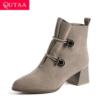 

QUTAA 2020 Sexy Pointed Toe Square Heel Elastic Band Ankle Boots Cow Suede Slip on Autumn Winter Fashion Women Shoes Size 34-39