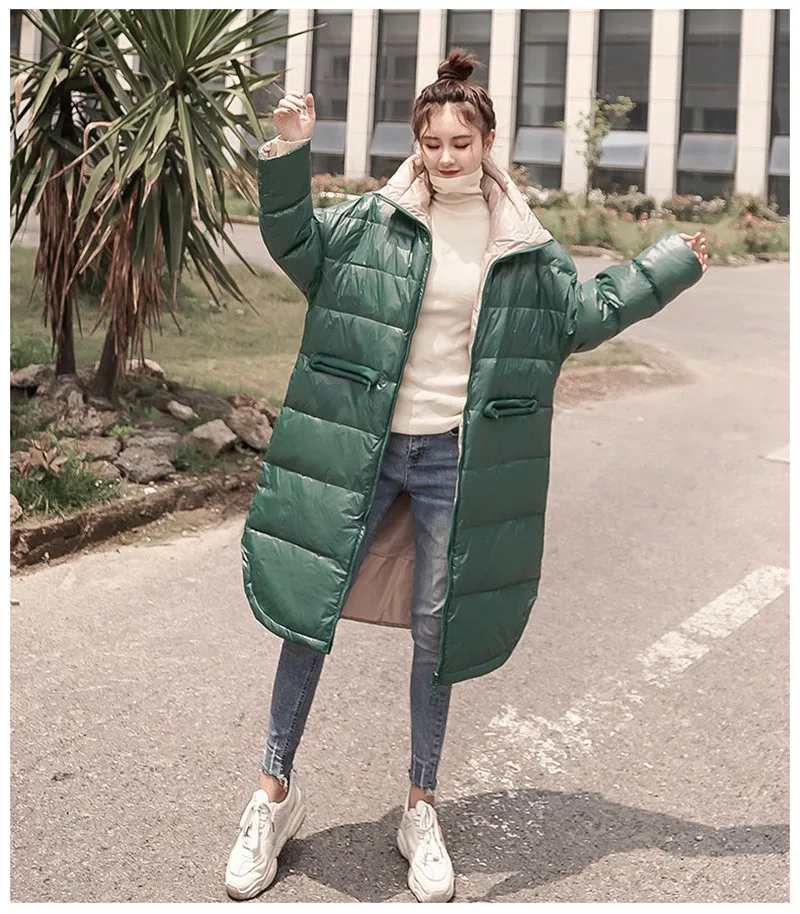 Зимний пуховик женский длинный участок свободный корейский модный белый пуховик 2019 Новый Яркий лицо v846