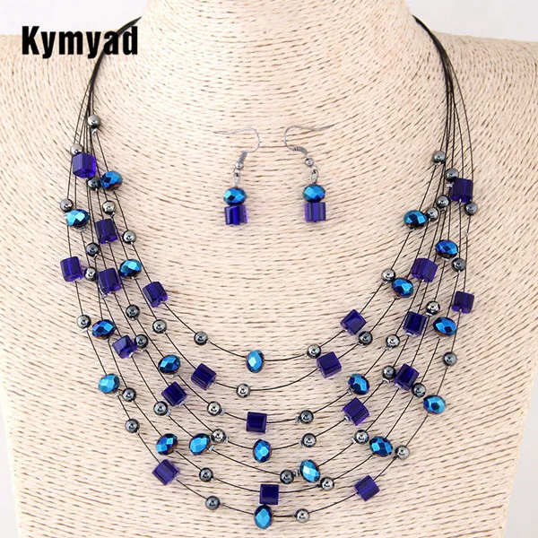 Kymyad турецкий винтажный ювелирный набор, богемный кристалл, многослойный Африканский бисер, камень, ювелирный набор, массивное ожерелье, серьги, набор - Окраска металла: color 4