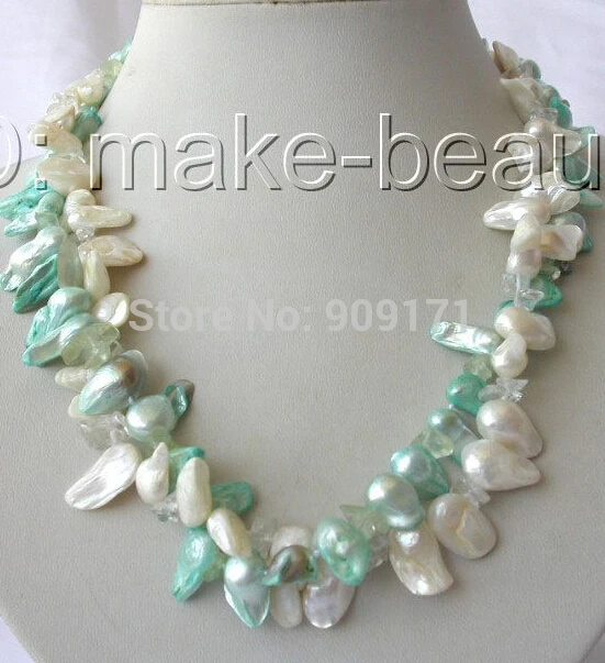 

Free Shipping>>>>classic 18'' 2strands white blue biwa freshwater cultured pearl necklace