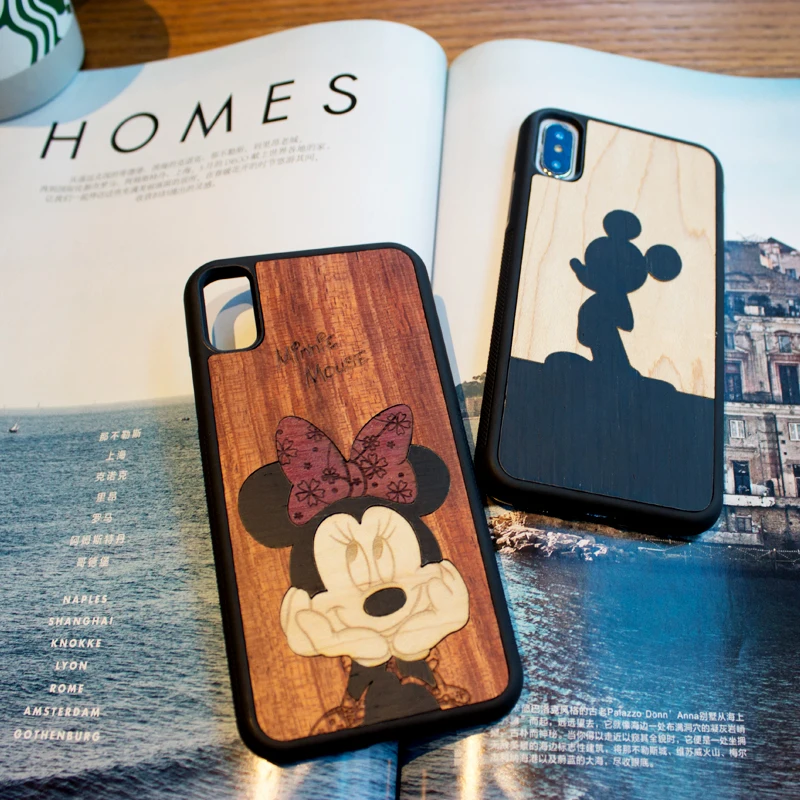 

Cartoon Mickey and Minnie Mouse retro original cute wood phone case for iPhone 6 s 7 8 plus X S protective screen wooden cover