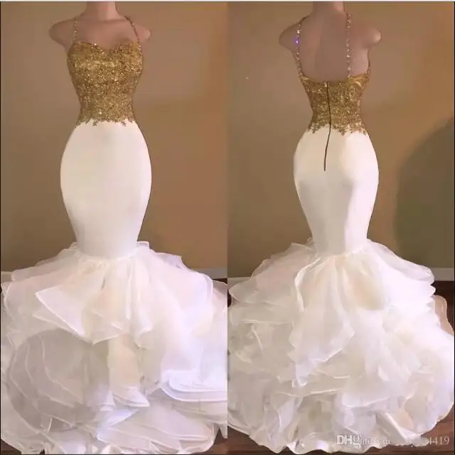 

2017 Sexy Mermaid Prom Dresses Spaghetti Straps Gold Crystal Beaded Ruffles Tiered White Open Back Evening Dress Party Pageant