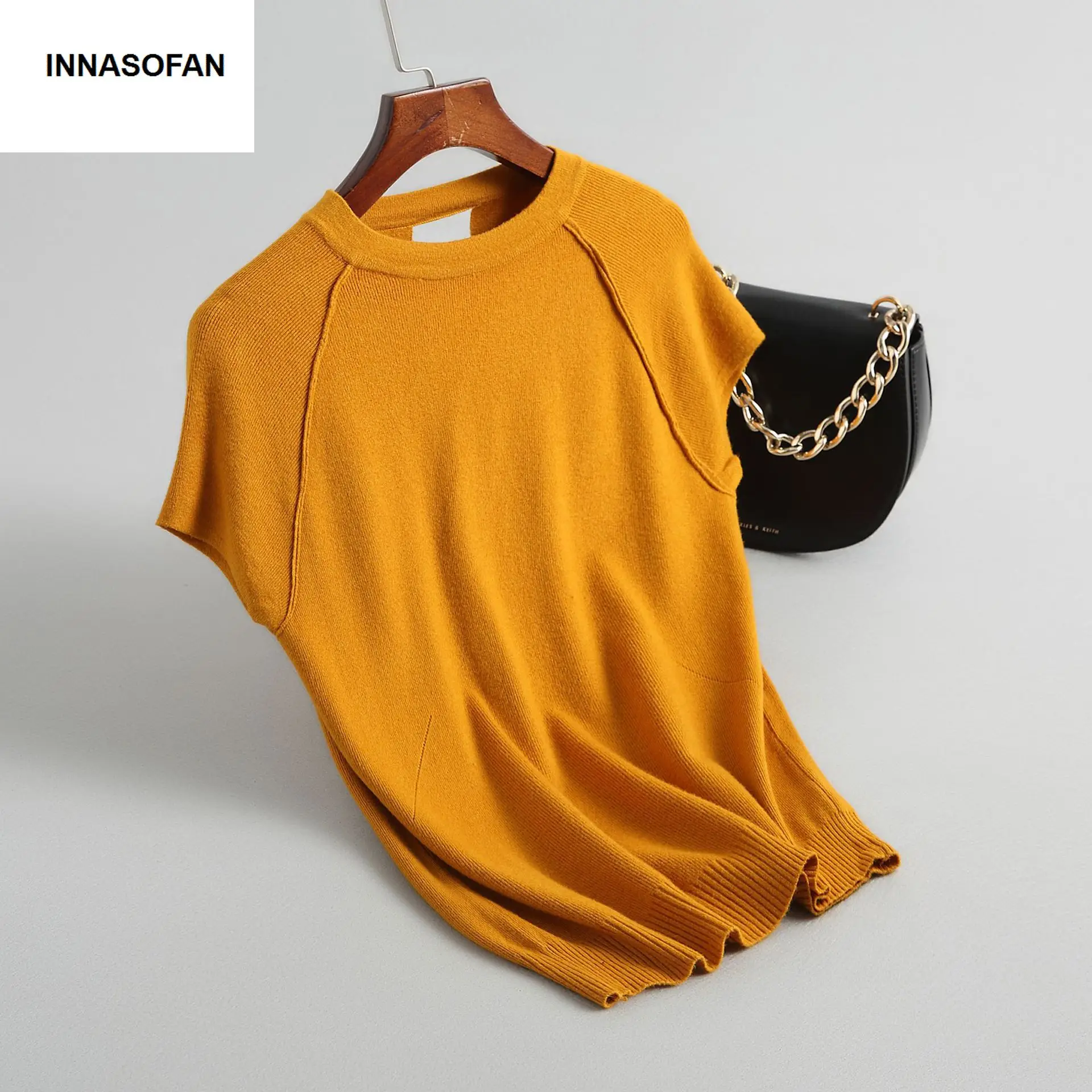 

INNASOFAN thin sweater female Spring-summer knit sweater solid Euro-American fashion elegant short sleeve sweater and openwork