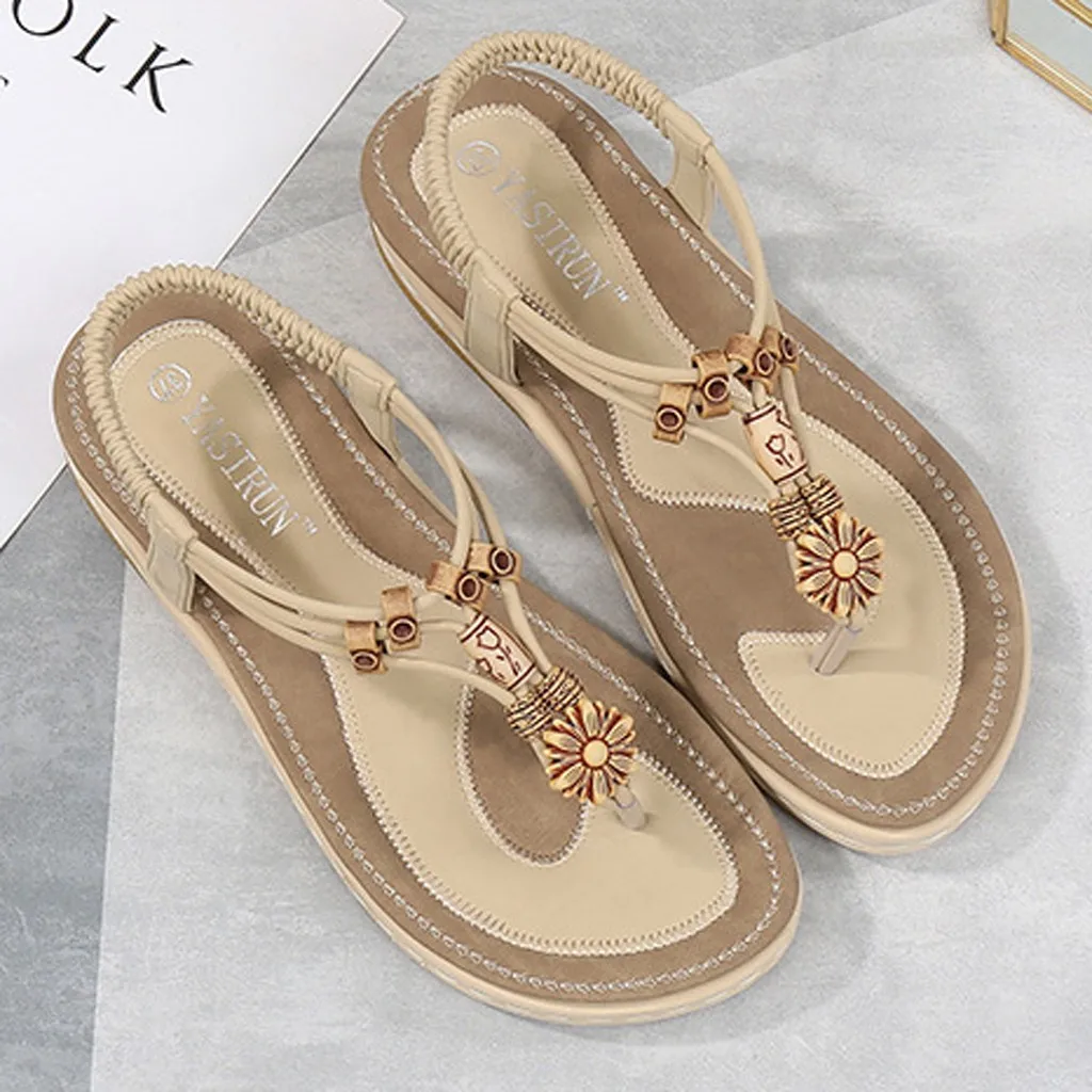 

Summer Sandals Women Round Head Casual Beach Slippers Shoes Boho T-strap Flip Flops Thong Sandals Elastic Band Gladiator Sandal