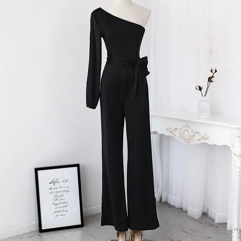 stylish one shoulder slit sleeve black jumpsuit