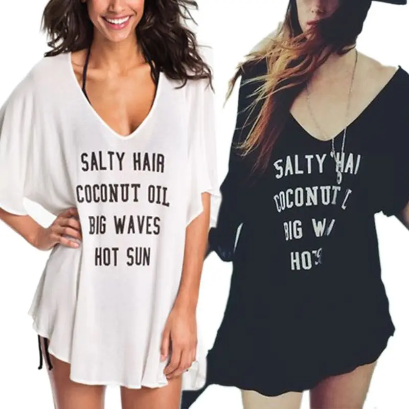 

Womens Summer Half Sleeves Bikini Beach Dress Baggy Loose Deep V-Neck Letters Printed Pullover Blouse Asymmetric Hem Swi