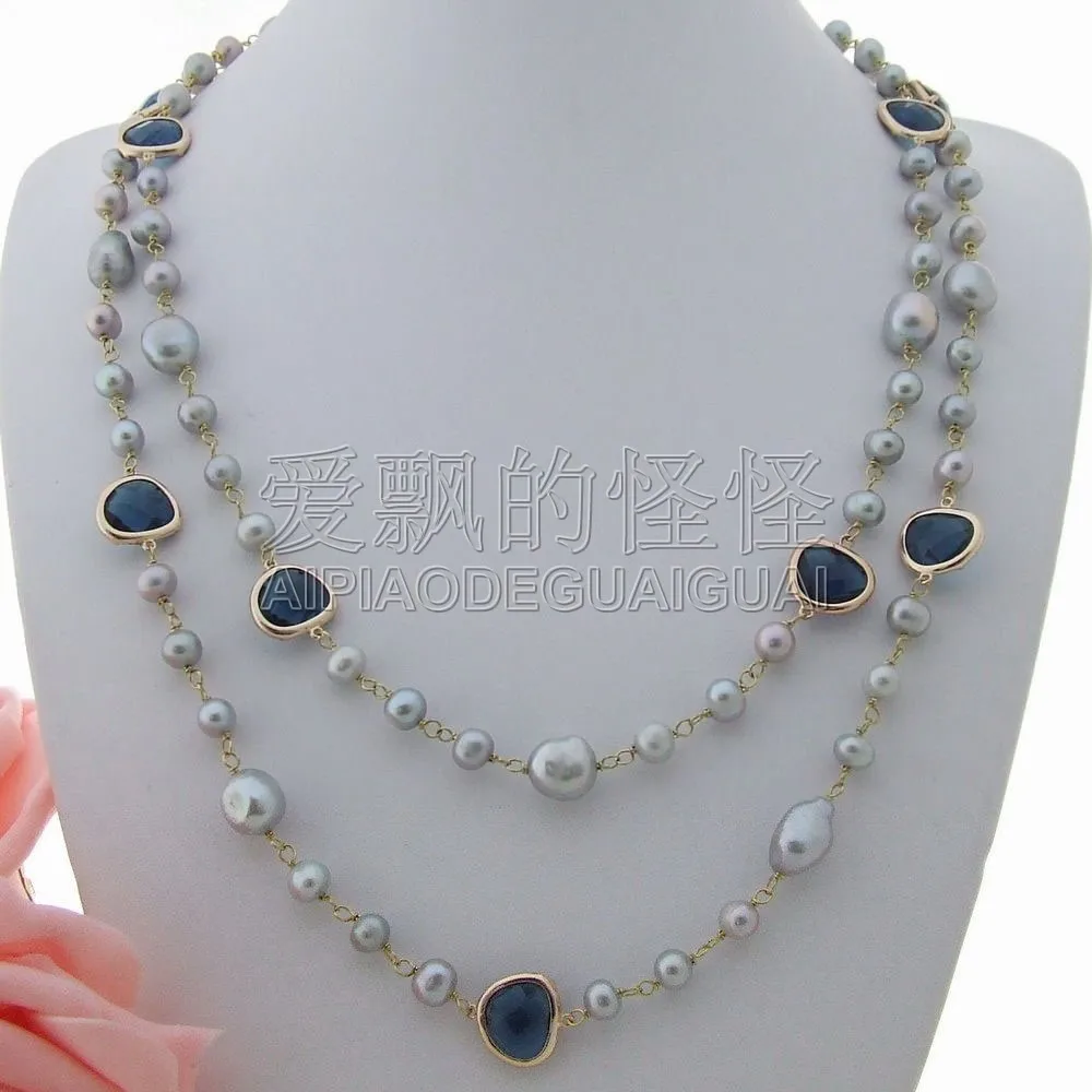 

Women's 51'' Gray Pearl Blue Crystal Long Necklace