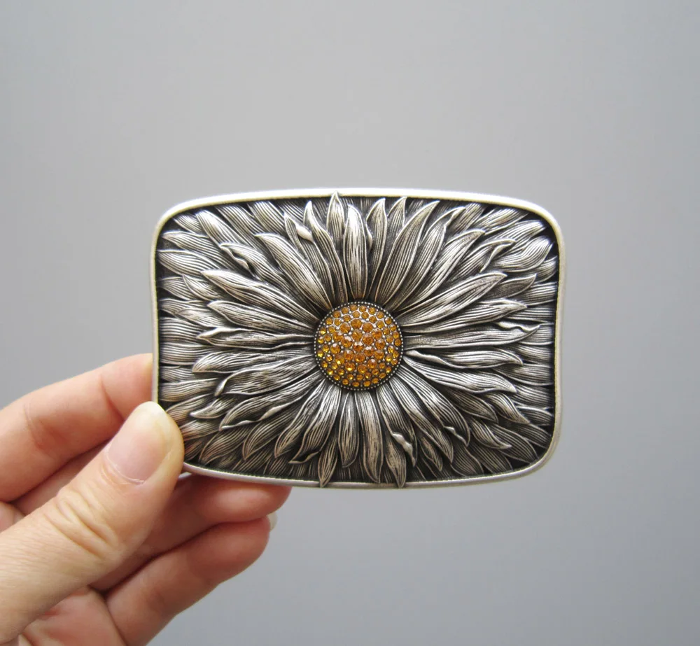 

Jeansfriend Original Antique Silver Plated Rhinestones Blooming Daisy Bling Belt Buckle