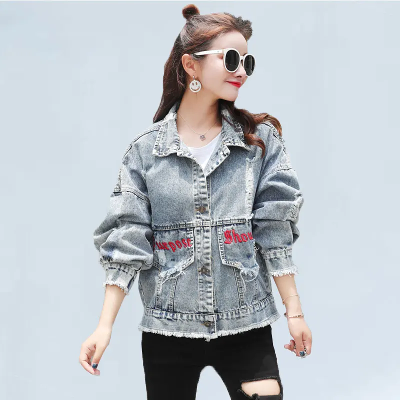 

Spring Short Coat Womens Oversized Loose Ripped Blue Denim Jacket Embroidery Cotton Autumn Long Sleeve Coats And Jackets Women 3