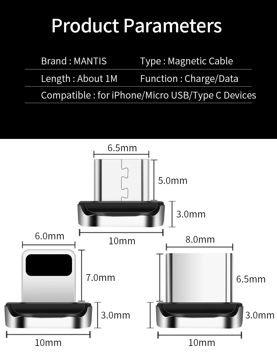 Магнитный кабель Micro USB MANTIS 3A для быстрой зарядки iPhone X XS type C, зарядное устройство USB C, магнитный кабель для телефона samsung Xiaomi