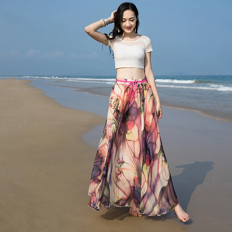 Горячая Новая модная эластичная талия Повседневная шифоновая юбка летняя богемная Цветочная печать пляжная Макси Цветочная длинная юбка для женщин