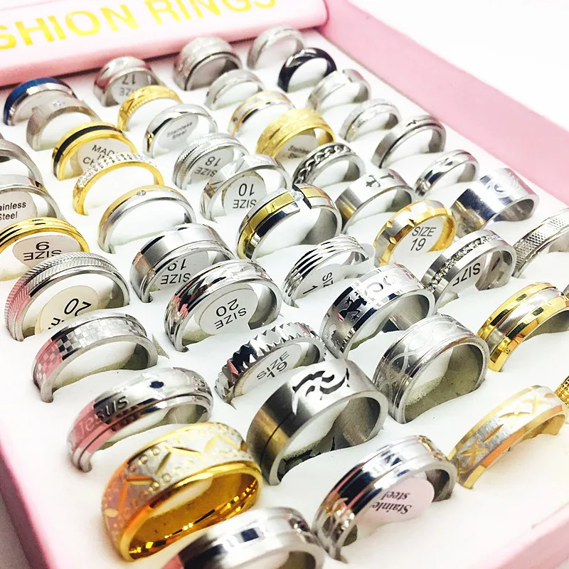 

Wholesale 50pcs/box rings men women gold silver polished Exquisite mix styles fashion stainless steel jewelry with a display box