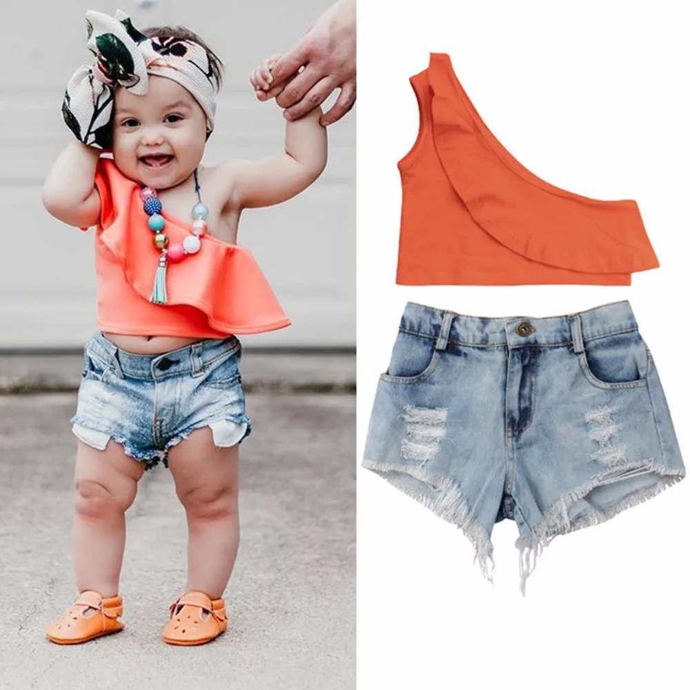 Puseky 2 7T 2pcs/set Baby Girl Cool One Shoulder Off Sleeveless Cropped