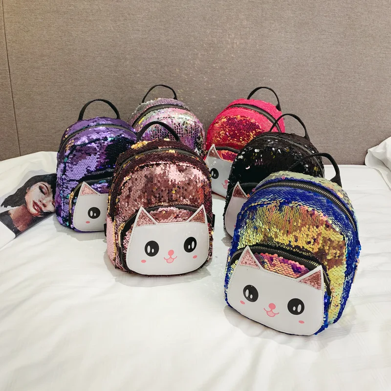  Kid Backpack Sequins Cartoon Cat Print Bags Kindergarten Toddler Children School Backpack For Girls - 33009479237
