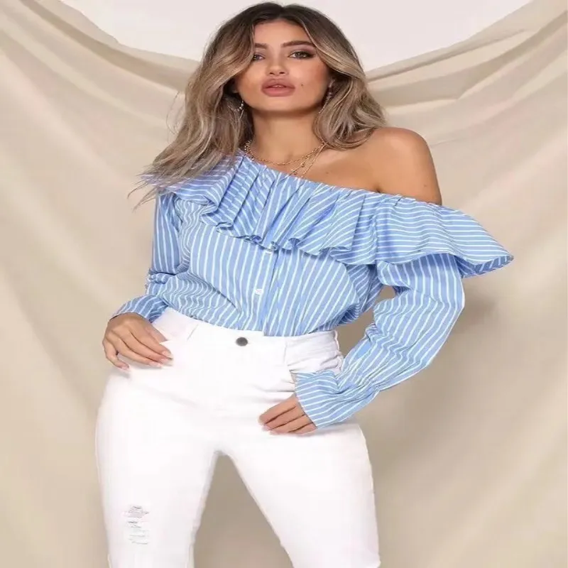 Nueva moda 2019 blusa de mujer con volantes camisa a rayas sin tirantes con hombros descubiertos femeninas de mujer de calidad superior - AliExpress Ropa de mujer