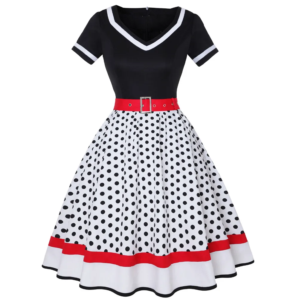 Plus Size Women Polka Dot Print Vintage Dress V-Neck Short Sleeve Belt Hepburn Dress Sweetheart Pin Up 50s Party Dresses Vestido