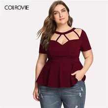 COLROVIE размера плюс, бордовая, с вырезами, облегающая, одноцветная, с баской, топ, блузка, рубашка для женщин, лето, короткий рукав, для офиса, женские блузки